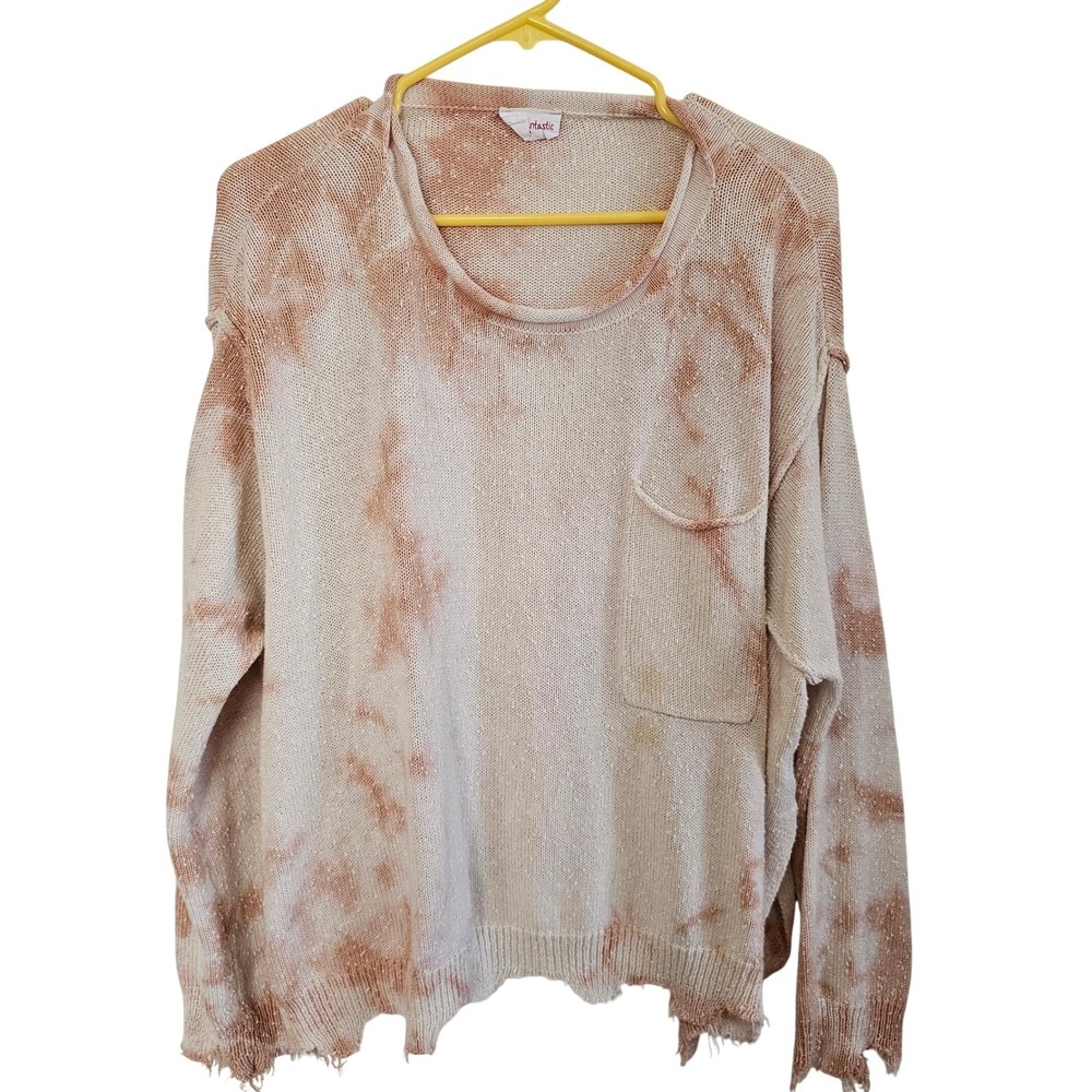 Fantastic Fawn Oversized Tie Dye Distressed Knit Sweater Tan Clay PulloverPocket